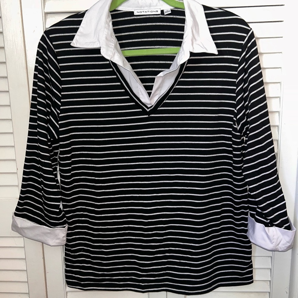 Notations Black & White Striped Layered-Look Shirt with Collar